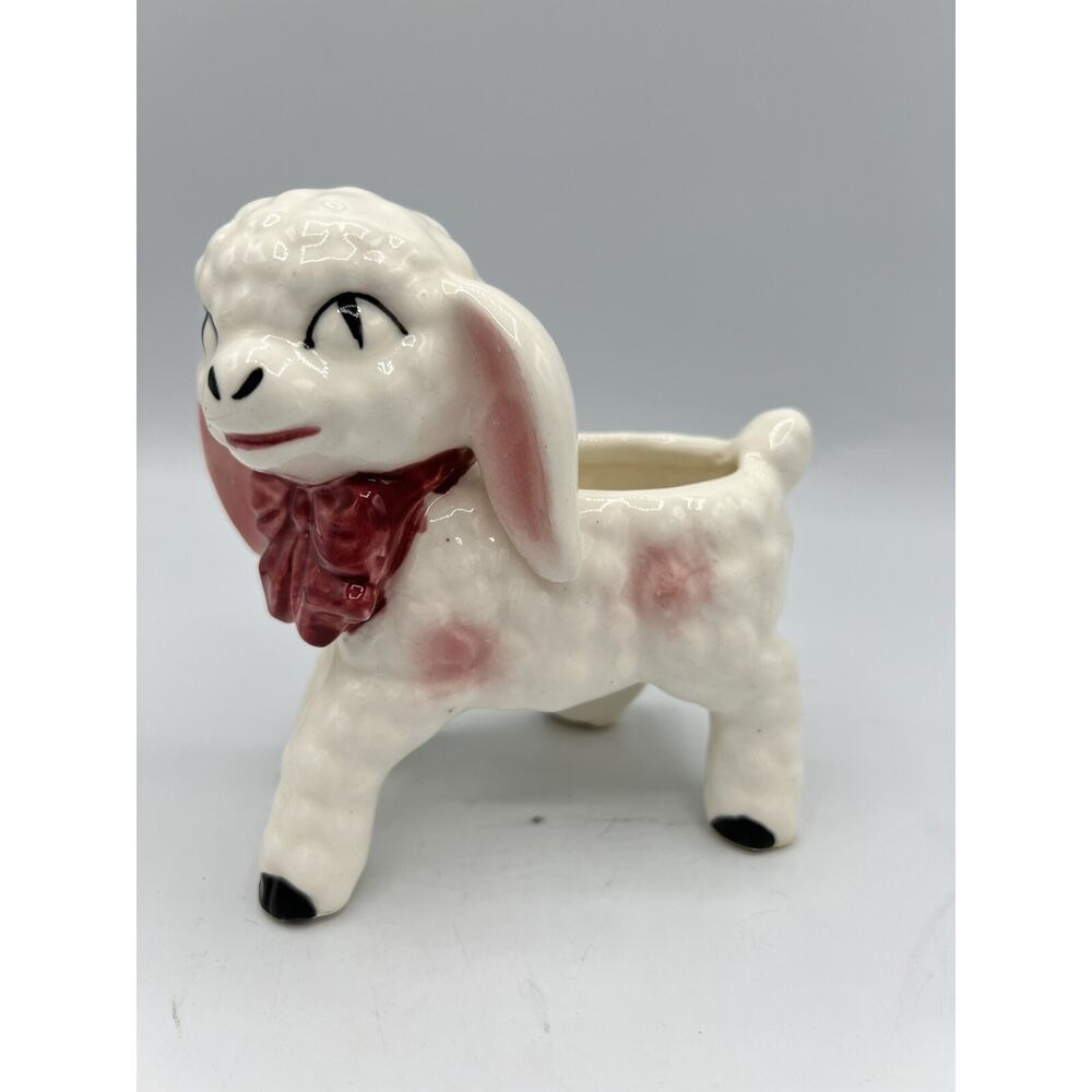 Vintage Ceramic Lamb Planter Red Bow Kitsch Nursery Decor Easter Small